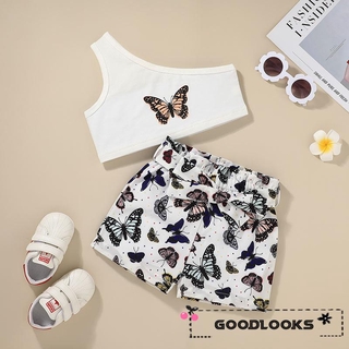 gd-2 piezas conjunto de traje de niños, verano mariposa impresión de un hombro sin mangas corto tops+pantalones cortos para niñas, 18 meses-6 años (1)