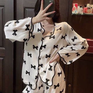 Pijamas de Bowknot de las mujeres de manga larga primaveravera nuevo traje de dos piezas ropa hogar popular manga corta de gran tamaño verano en