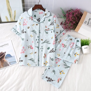 100% algodón de manga corta pantalones largos pijama conjunto Floral pijamas mujeres Baju Tidur ropa de dormir pijamas pijamas