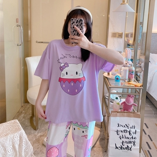 Hello Kitty Doreamon mujeres señoras pijamas conjunto Baju Tidur Perempuan pijama de manga corta