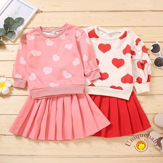 Unigirls - conjunto de ropa Casual de dos piezas, estampado de corazón, cuello redondo y falda, rosa/rojo