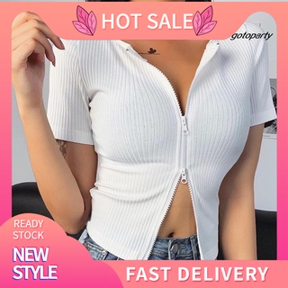 [disponible en inventario]camiseta sexy de manga corta para mujer cuello o crop top acanalado doble cremallera slim camiseta blusa