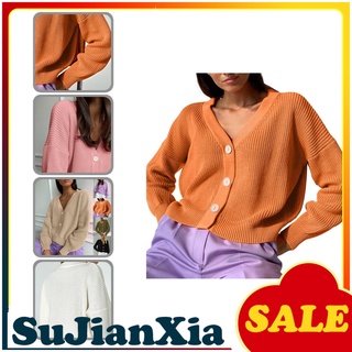 <COD> Women Autumn Sweater Candy Color V Neck Sweater Single-breasted for Daily Wear
