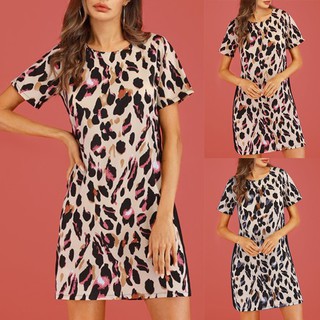 Las mujeres de la moda vestido de manga corta Casual leopardo impresión de verano Mini vestido