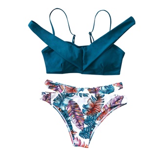 *DMGO*=New Swimsuit V-shape Sexy Solid Color Plant Print High Waist Split Bikini Set (5)