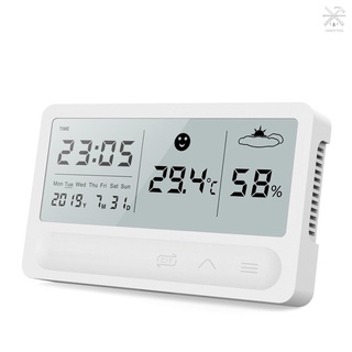 Práctico multifuncional Digital LCD táctil pantalla tiempo reloj temperatura y humedad monitor medidor