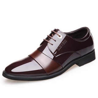 Los hombres de negocios Formal zapatos de cuero Casual puntiagudo dedo del pie de moda estilo británico con cordones de cuero de patente transpirable brillante zapatos de boda transfronterizo entrega (6)