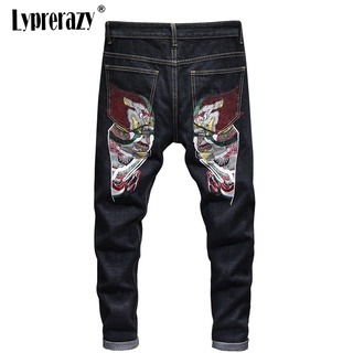 Hip hop Jeans Streetwear hombres bordado recto delgado Casual pantalones masculinos Harajuku Hip-hop Jeans