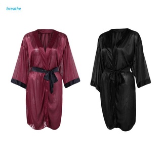 brea Women Sexy Translucent Sleepwear Set Faux Silk Half Sleeve Short Kimono Bath Robe Solid Color Nightgown With G-String Satin Sash