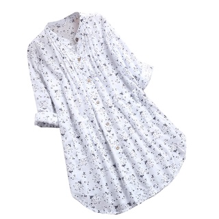 [Lansman] mujer cuello en V plisado estampado Floral manga larga Casual Tops camiseta blusa (2)