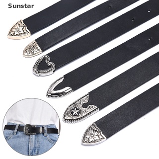 [Sunstar] Cinturón de cuero negro de las mujeres de Metal corazón hebilla cinturón Vintage tallado niñas cinturón