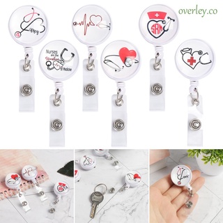 OVERLEY Plastic ID Card Badge Holder Cute Anti-Lost Clip Badge Reel Clip Creative Retractable Love Heart Stethoscope Pattern Unisex High Quality for Nurse Doctor Student