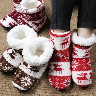 New Indoor Christmas Elk Print Anti-skid Coral Fleece Warm Boots (2)