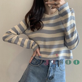 Soo-Mujer rayas impresión Crop Tops, manga larga cuello redondo bloque de Color suelto camisetas