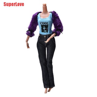 superlove 3 unids/set abrigo de piel traje para muñecas barbie pantalones negros piel púrpura abrigo moda niño