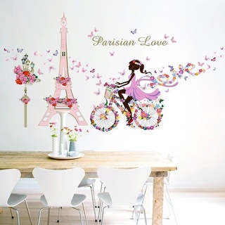 Flor de hadas bicicleta parís torre mariposa niña PVC pared pegatina decoración del hogar DIY arte póster pegatina