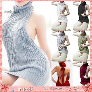 BMY_Women Sexy Backless Sleeveless Turtleneck Pullover Knit Sweater Cosplay Dress (1)