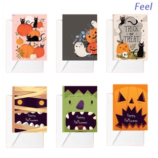 Feel 6 unids/set Halloween tarjetas de felicitación con sobres pegatinas feliz Halloween calabaza dibujos animados diseños postales invitación fiesta suministros