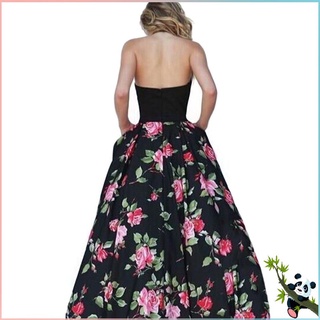 [QC] Vestido De Mujer De Moda Sin Respaldo Halter Estampado Floral Grande Oscilante (2)