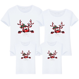 Camiseta De Navidad Suelta De Algodón Impreso De Manga Corta Feliz Alce Familia Conjunto A11