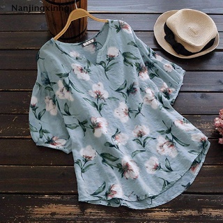 [nanjingxinhg] más el tamaño de las mujeres de lino de algodón floral tops señoras verano holgado camisetas blusa [caliente] (2)