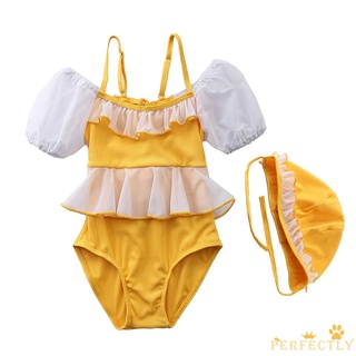 Pft7-Zz - juego de ropa de natación para niñas, dobladillo de encaje, cuello de barco, traje de baño de manga corta y gorra de natación (5)