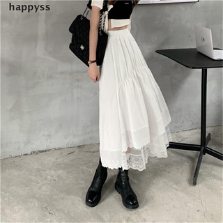 [happy] encaje costuras irregular plisado falda mujer blanco vintage cintura alta falda larga