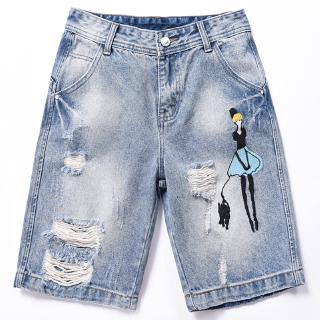Pantalones cortos de mezclilla triturados para mujer, pantalones de cinco puntos, rectos, nuevos, bordados, pantalones de verano