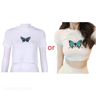 Time mujer manga corta volantes Bodycon camiseta mariposa impreso O-cuello Crop Top