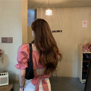 Cuello cuadrado puff manga camisa hermosa espalda correas cintura y umbilical corto verano 2021 nuevo estilo de manga corta top mujeres tendencia (7)