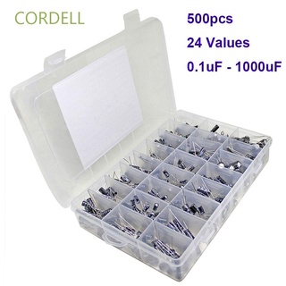 CORDELL Component pack Condensadores Surtidos 0.1uF-1000uF Condensador Electrolítico 500pcs 16-50V Radial 24 Valores Surtido Kit Caja/Multicolor