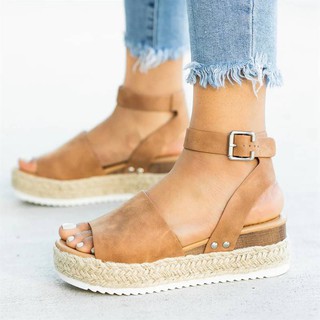 Sandalias de verano zapatos de las mujeres zapatos planos Casual de las mujeres suela de goma tachonado hebilla de cuña correa de tobillo abierto sandalias