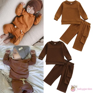 Babygarden-baby Boy Tops + pantalones conjunto, manga larga cuello redondo Color sólido suéter Casual bolsillos pantalones