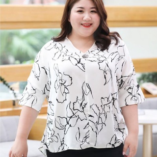L-6xl Casual moda impresión blusa blanca suelta delgada manga corta cuello V estilo coreano más el tamaño de la blusa de las mujeres Baju Tops (6)