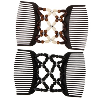 2Pack Elastic Double Clips Hair Comb Magic Wood Beads Stretching Hair Combs