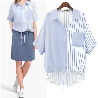 Más el tamaño de verano nueva moda rayas Blusa de manga corta Blusa Tops Casual suelto ropa de mujer