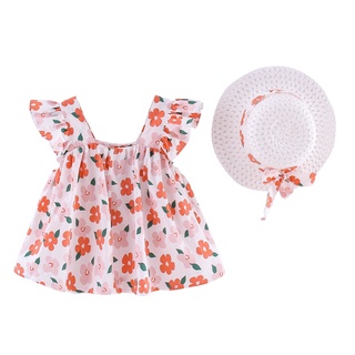 Toddler Baby Girls Ruffles Ruched Floral Dress Clothes+Bowknot Strawhat Outfits