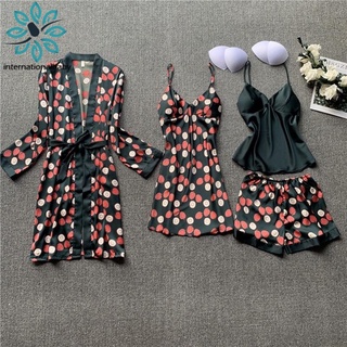 Conjunto de 4 piezas de Pijama Sexy para Mujer, ropa de dormir con almohadillas en el pecho, para el hogar (6)