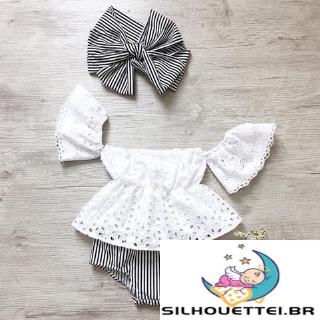 J0P-3 pzas Conjunto De ropa para bebé niña Blusa De encaje rayada+pantalones cortos+banda De cabeza De 0-24 Meses (1)