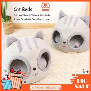 Camas lavables en forma de cabeza de gato, interior desmontable, semicerrada, casa de mascotas