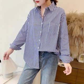 Camisa De Las Mujeres De Algodón Vertical Rayas Impresión De Manga Larga Botón Hasta Estilo Coreano Moda Tops Casual Blusa