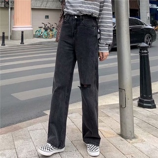 Negro ripped jeans mujer recto suelto 2021 nuevos pantalones de pierna ancha de talle alto de moda ins (4)