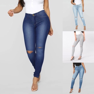 (wopyt.br) Mujer agujero botón cremallera bolsillo Jeans Casual Denim llamaradas ancho pierna Slim pantalones