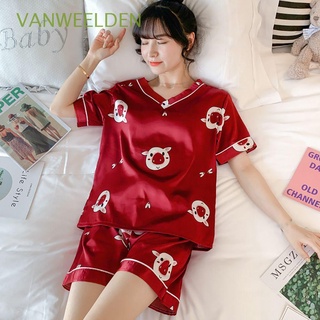 VANWEELDEN cómodo mujer ropa de dormir suave de dibujos animados pijama conjuntos de cuello V superior de hielo de seda de verano de manga corta niñas ropa de dormir