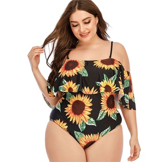 KALEN Women Plus Size One-Piece Swimsuit Sexy Off Shoulder Tummy Control Monokini Sunflower Print Flounce Ruffled Bathing Suit (3)