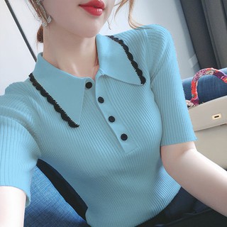 Hielo de seda de manga corta t-shirt de las mujeres de verano cuello POLO botón adelgazar delgada cobertura punto fondo camisa de las mujeres superior (3)