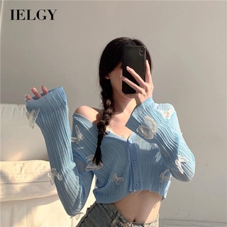 IELGY cardigan thin new summer sunscreen blouse short slim long-sleeved jacket knitted top