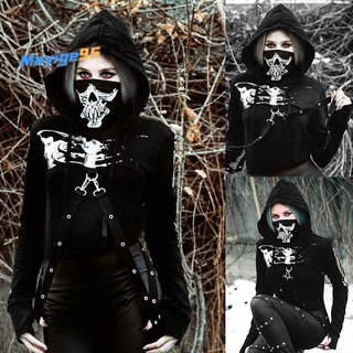 gótico punk sudaderas con capucha mujeres negro esqueleto impresión máscara de manga larga crop tops moda halloween top sudadera s