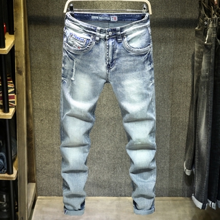 hombres azul claro lavado jeans angustiado slim elástico denim punk moda