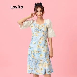 Lovito lindo estampado Floral Puff manga vestido L05021 (azul) (3)